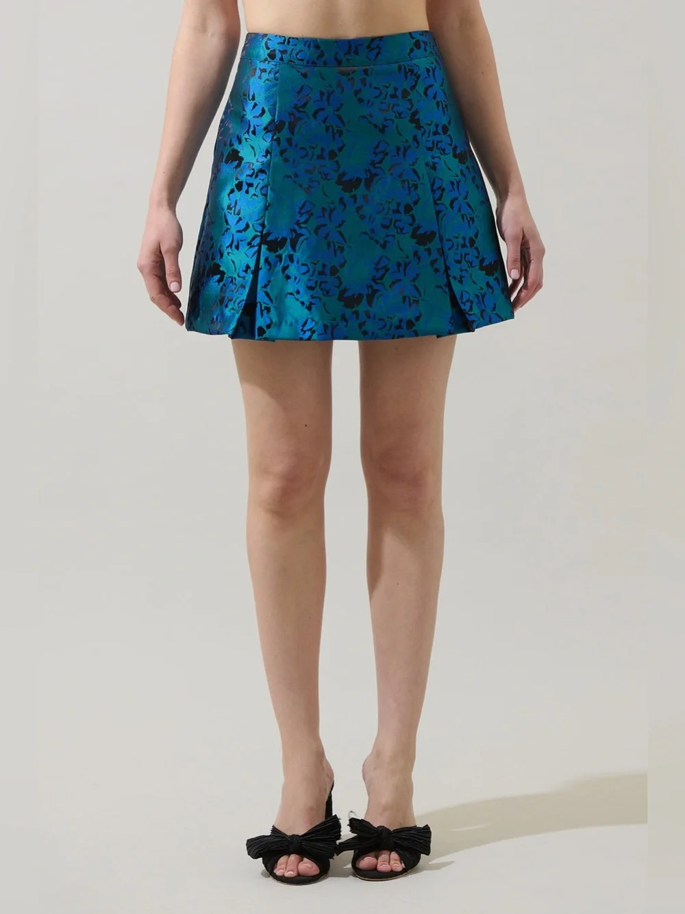 Sugarlips Farrah Blue Green Jacquard Calera Floral Pleated Flared Mini Skirt XL